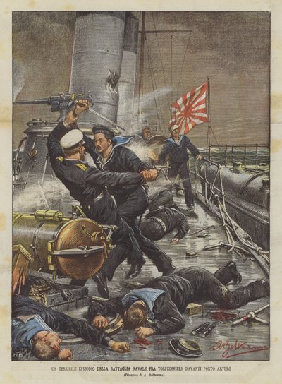 ポルトアルトゥーロの前での魚雷艇間の海戦の恐ろしいエピソード 作： Achille Beltrame