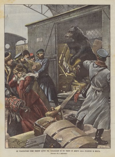 モスクワ駅に到着する列車のトランクに他に類を見ない旅行者 作： Achille Beltrame