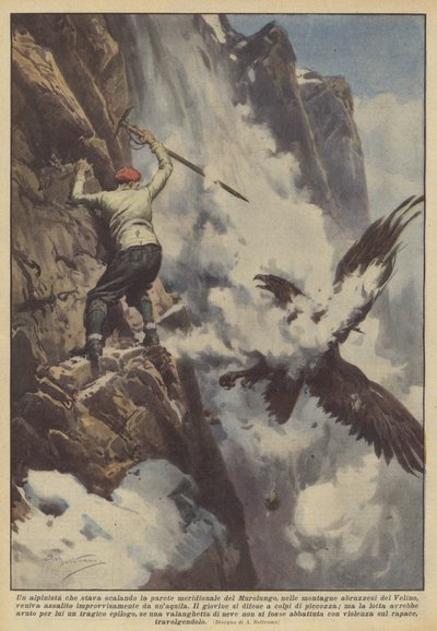 ムルルンゴの南壁を、アブルッツォの山で登っていたクライマー？ 作： Achille Beltrame