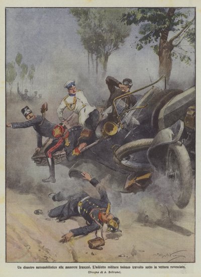 フランスの操縦による自動車事故、ドイツ軍の労働者は転覆した車の下に押し流されました 作： Achille Beltrame