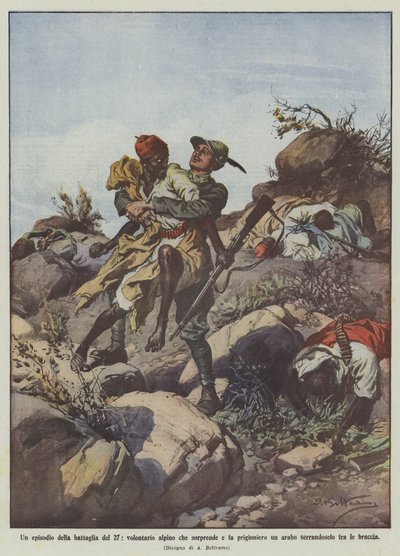 27の戦いのエピソード、アラブの囚人を驚かせて連れて行くアルプスのボランティア？ 作： Achille Beltrame