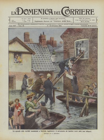 人身売買された子供たちを救うイギリスのノリッジでの恐ろしい洪水のエピソード？ 作： Achille Beltrame