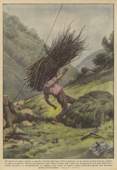 ヴァレーゼ近くの山の索道のふもとに高速で到着した木の束？ 作： Achille Beltrame