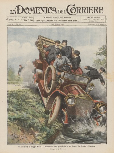 王への旅行事故、王車がボッビオとピアセルツァの間の堀で墜落 作： Achille Beltrame