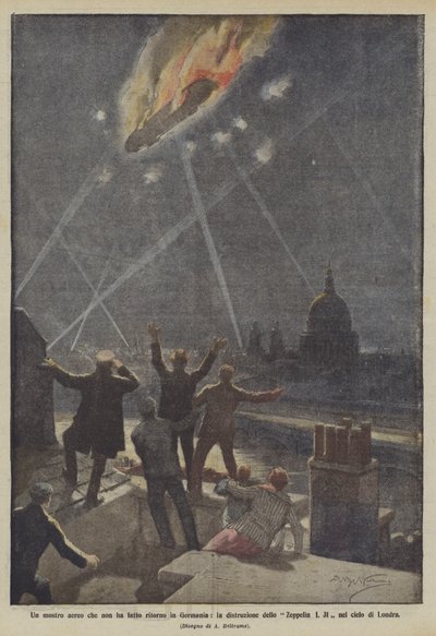 ドイツに帰ってこなかったエアモンスター、ロンドン上空のツェッペリンL 31の破壊 作： Achille Beltrame