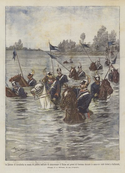 近くのティチーノを渡る戦争の衣装の騎兵小隊？ 作： Achille Beltrame