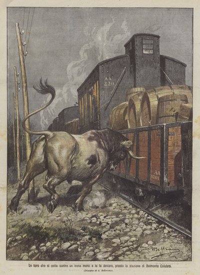ベルモンテカラブロ駅で貨物列車にぶつかって転用した雄牛 作： Achille Beltrame