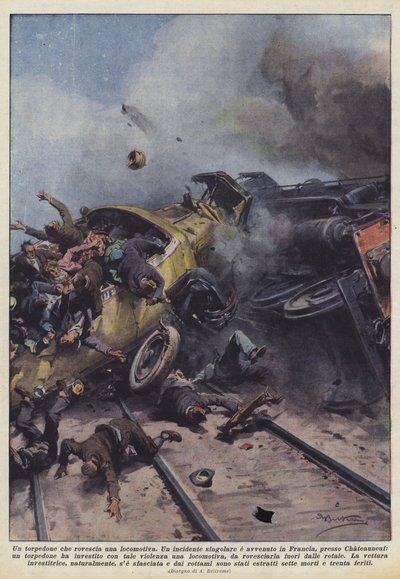 機関車をひっくり返すバス 作： Achille Beltrame