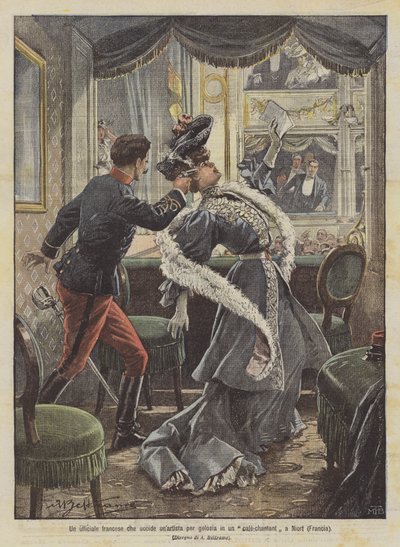 ニオール（フランス）のカフェチャンタンで嫉妬からアーティストを殺害するフランスの将校 作： Achille Beltrame