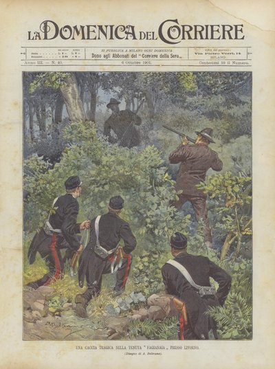 リボルノ近くのファジアナイア邸での悲劇的な狩り 作： Achille Beltrame