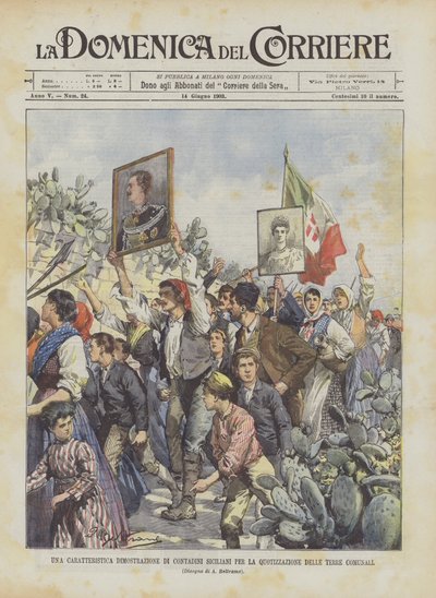 地方自治体の土地を引用するためのシチリアの農民の特徴的なデモ 作： Achille Beltrame