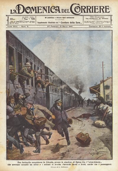 アイルランドのアプトン駅で、彼らが持っていた罪人同士の血なまぐさい戦い？ 作： Achille Beltrame