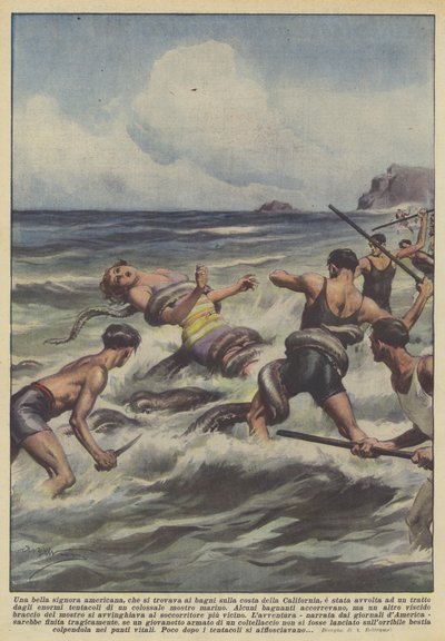 カリフォルニアの海岸で入浴していた美しいアメリカ人女性は包まれましたか？ 作： Achille Beltrame
