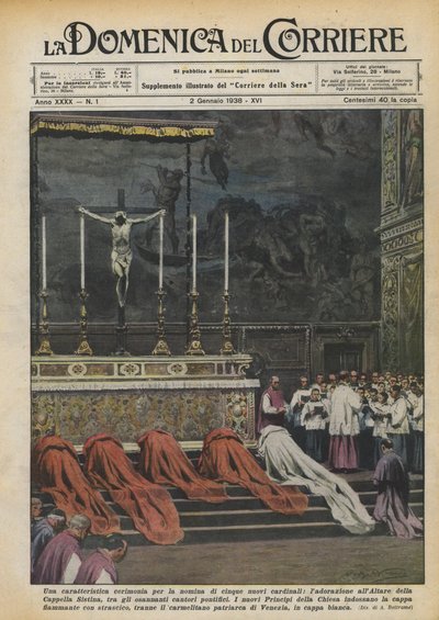 5人の新しい枢機卿の任命のための特徴的な式典、祭壇での崇拝？ 作： Achille Beltrame