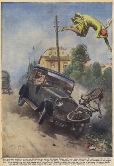 パヴィアのティチーノ村の近くに自転車で到着した若い先生が殴られましたか？ 作： Achille Beltrame