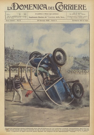 危険な車のスタントでカリフォルニアの群衆の熱意を刺激するアメリカ人少女 作： Achille Beltrame