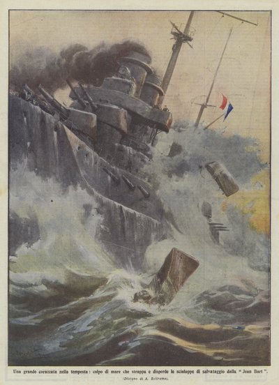 嵐の中の偉大な戦艦、救命艇を引き裂き散らす海の打撃？ 作： Achille Beltrame