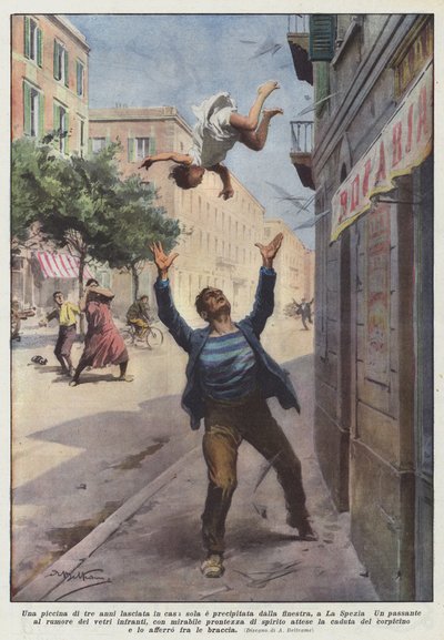 3歳の女の子が一人で立ち去り、ラスペツィアの窓から殺到しました 作： Achille Beltrame
