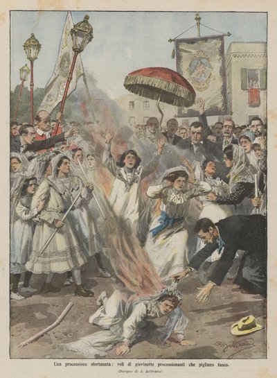 不幸な行列、発砲した若い女の子の行列 作： Achille Beltrame