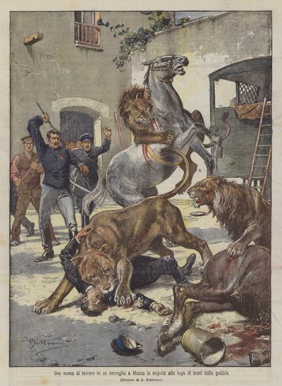 檻からライオンが脱出した後のモスクワの動物園での恐怖のシーン 作： Achille Beltrame