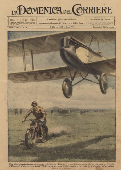 小型飛行機、ティグノーラ、そして強力なオートバイの間のスピードチャレンジ 作： Achille Beltrame