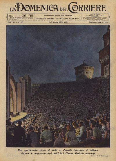 公演中のミラノのスフォルツェスコ城での観客の壮観な夜？ 作： Achille Beltrame