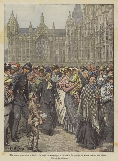 ロンドンの奇妙な行列、失業者の妻は議会に行き、大臣に受け入れられる 作： Achille Beltrame