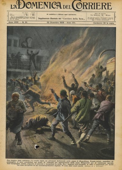 香港海域のイギリスの汽船で行われた場合の悲劇的な夜の戦い 作： Achille Beltrame
