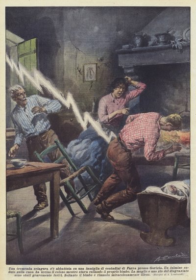 ゴリツィア近くのファッラ出身の農民家族に打倒された場合の恐ろしい災害 作： Achille Beltrame