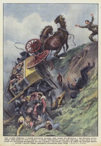 トリノ近くのリバロッサとサンベニーニョの間の道を進んだ古い馬車の駅馬車 作： Achille Beltrame