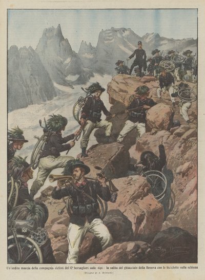 アルプスの12番目のベルサリエーリのサイクリスト会社の手ごわい行進、氷河の登山？ 作： Achille Beltrame