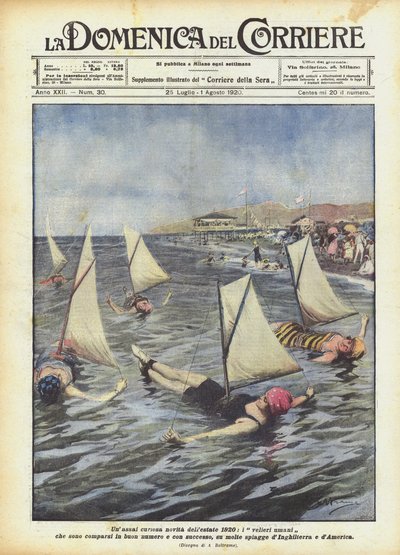 1920年の夏のUnassaiの好奇心が強いニュース、大量にそして一緒に登場した人間の帆船？ 作： Achille Beltrame
