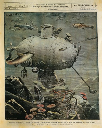 海底を探索するための海中船（Achille Beltrame（1871-1945）のイラスト）（「La Domenica del Corriere」3月1日号より 作： Achille Beltrame