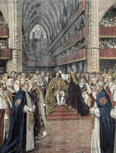 イギリス（1901年）。ウェストミンスター寺院でのエドワード7世の戴冠式。Domenica del Corriere』に掲載されたAchille Beltrameのイラスト。エングレーヴィング。 作： Achille Beltrame