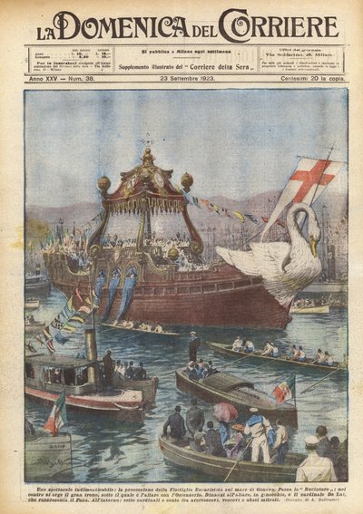忘れられない光景、ジェノヴァの海での聖体フロティラの行列 作： Achille Beltrame