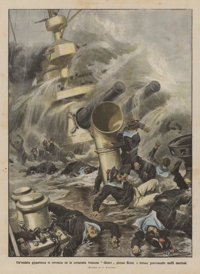 ブレスト近くのフランスの戦艦グロワールに巨大な洪水が起こり、多くの船員を深刻に傷つける 作： Achille Beltrame