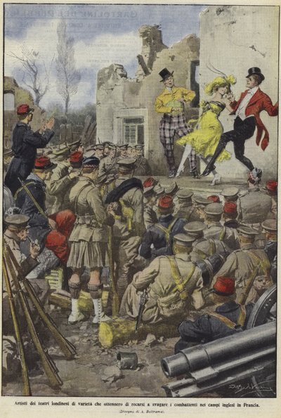 フランスの収容所でイギリス軍を楽しませているロンドンの劇場のさまざまなパフォーマー 作： Achille Beltrame