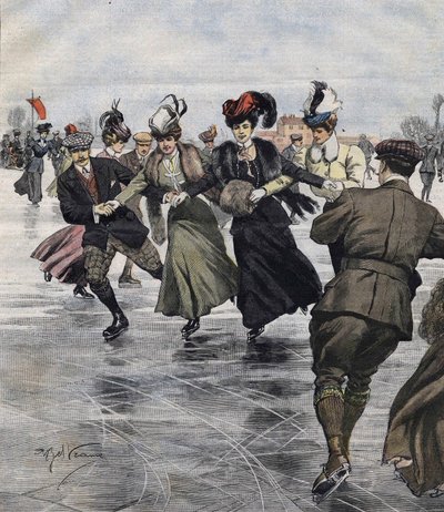 冬の楽しみ。スケーター。1907年、Achille Beltrameによるイラスト。 作： Achille Beltrame