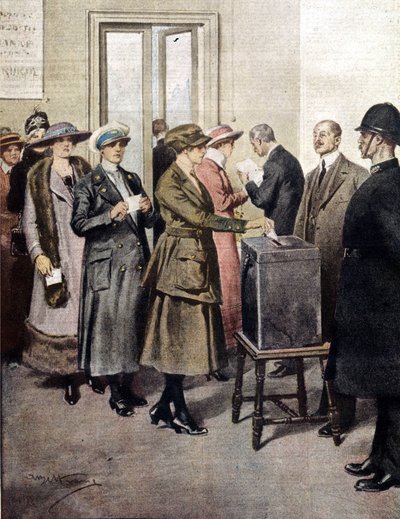 イギリスで初めて女性が選挙権を獲得しました。1919.A. Beltrameのイラスト。ラ・ドメニカ・デル・コリエール 作： Achille Beltrame