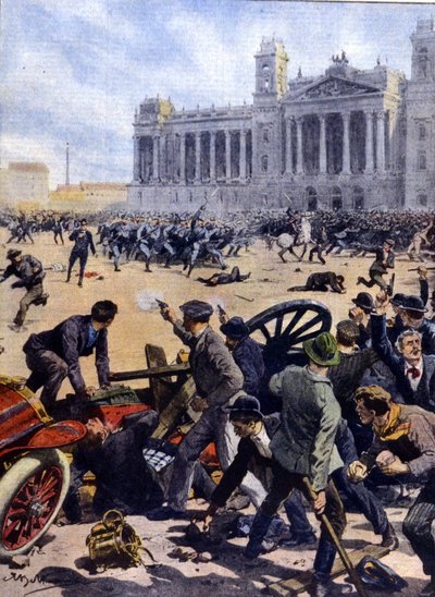 1912年、ブダペストで普通選挙権を求める労働者の反乱が起こる。 作： Achille Beltrame
