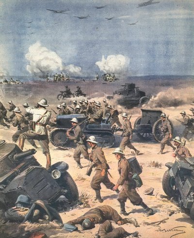 第二次世界大戦。リビア（北アフリカキャンペーン）。キレナイカのイタリア軍はエジプトに進行。アントニオ・ベルトラメのイラスト。"La Domenica del Corriere".9月22日 作： Achille Beltrame