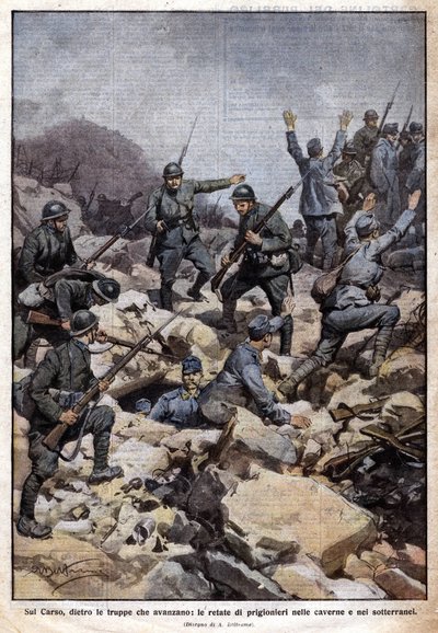 第一次世界大戦。カルソ台地（トレンティーノ）のイタリア戦線と地下の囚人たち"Domenica del Corriere".07/1917（リトグラフ 作： Achille Beltrame