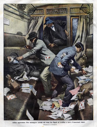 1910年、ナポリとアヴェッリーノを結ぶ郵便列車で突撃する山賊たち。ドメニカ・デル・コリエール」のアキレス・ベルトラメのイラスト。 作： Achille Beltrame