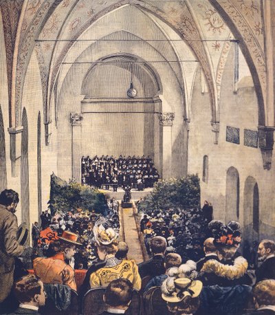 ミラノのペロシ音楽堂の式典、Achille Beltrame（1871-1945）作、1900年5月6日付「La Domenica del Corriere」の表紙イラスト。 作： Achille Beltrame