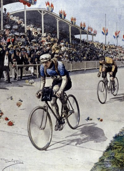 1908年のツール・ド・フランスで優勝した自転車競技のピエール・ブルトン。 作： Achille Beltrame