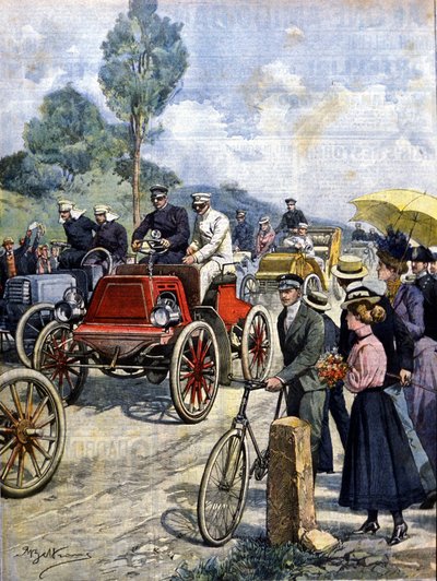 1901年に車でイタリアを一周したときの様子 イラスト：Achilles Beltrame 作： Achille Beltrame