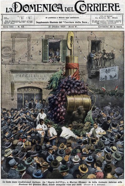 1928年10月21日付の「Domenica del Corriere」の表紙には、ローマ近郊のマリーノのブドウ畑で、街の噴水からワインが運び出される様子が描かれている。イラスト：Achille Beltrame 作： Achille Beltrame