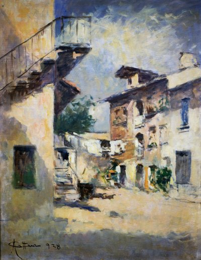 Interior of rustic courtyard, by Achille Cattaneo (1872-1931). Italy, 20th century.   1462876   ja       japanese Successfully Translated  Original: Little Red Riding and the Wolf dressed as her grandmother. Translat: Little Red Riding and the Wolf dressed 作： Achille Cattaneo