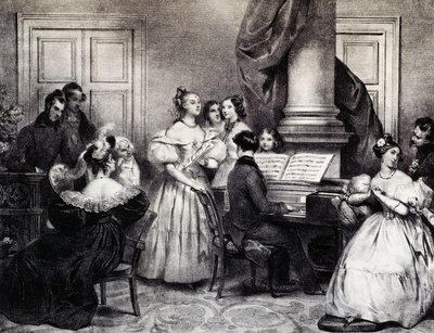 ピアノによる家族コンサート、Achille Deveria (1800-1857) 作、彫刻、フランス 作： Achille Devéria