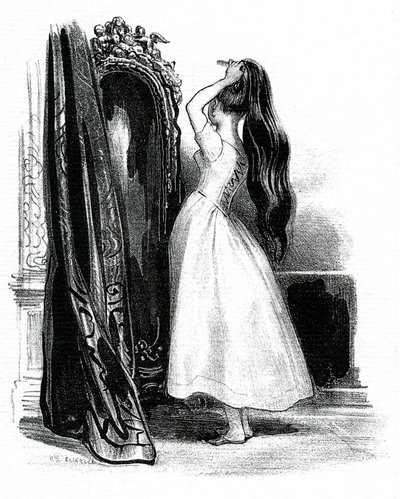 エマ・ボヴァリーが鏡の前で長い髪をかきあげる。 作： Achille Devéria